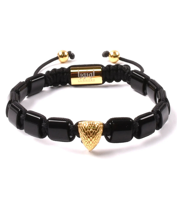 Black onyx bead bracelet with gold falcon head charm and adjustable cord ties