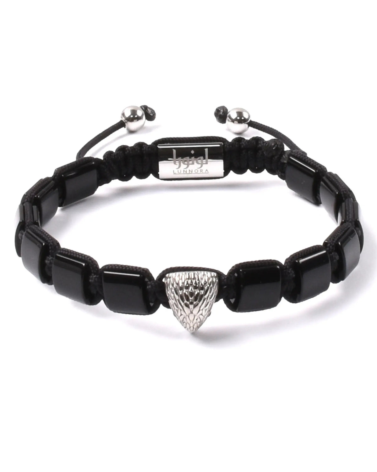 Black beaded bracelet with silver falcon centerpiece and adjustable cord ties