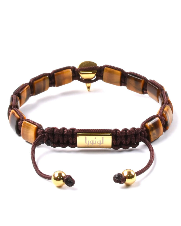 Brown stone bead bracelet with dark cord, gold center plate, and gold bead accents