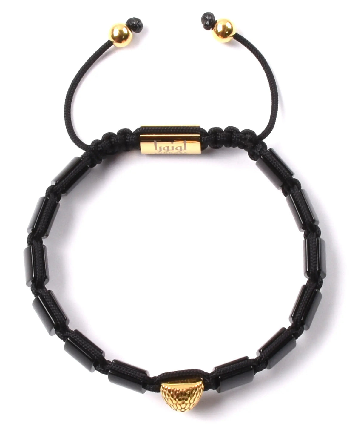 Black bead bracelet laid flat with gold falcon charm and cord tie ends