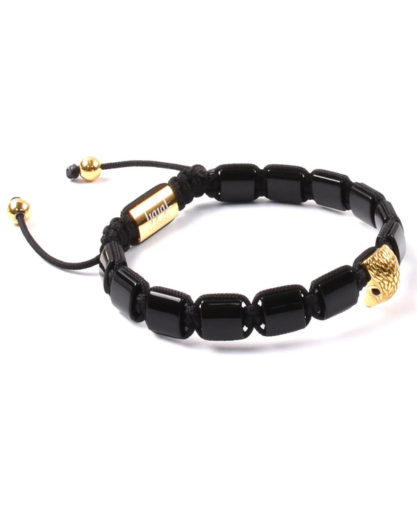 Black bead bracelet with gold falcon centerpiece and adjustable cord ends