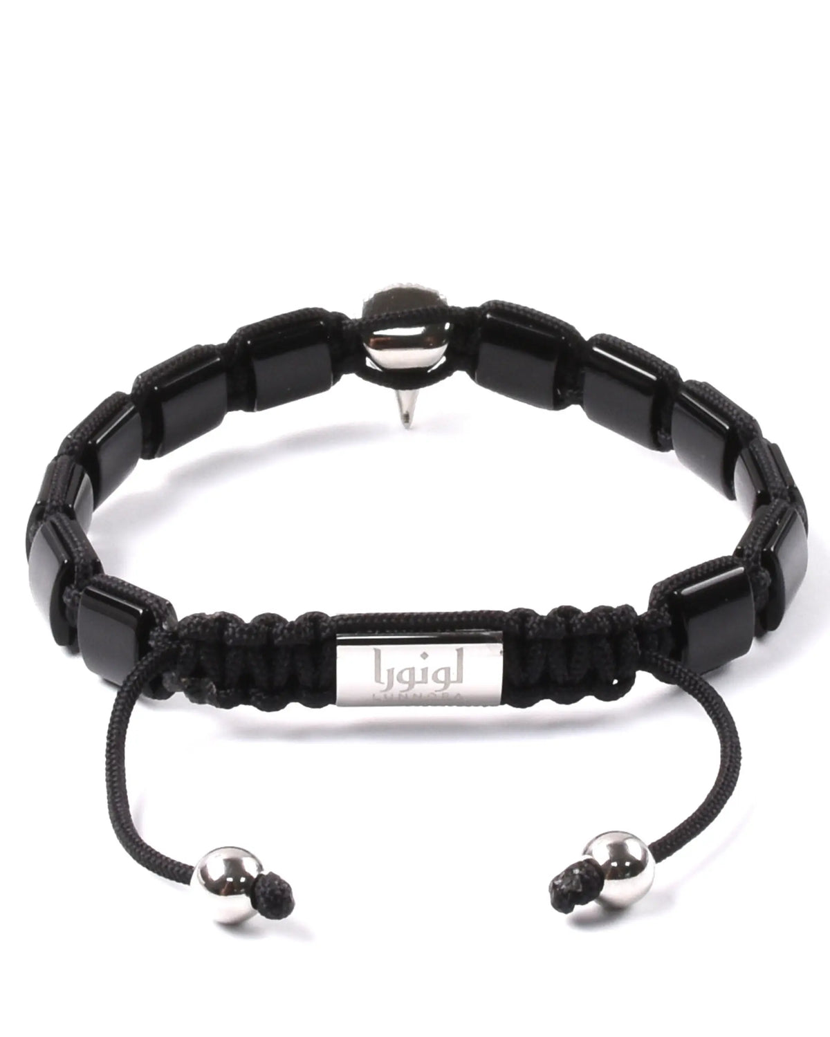 Black beaded bracelet with silver clasp bar and dangling cord ends
