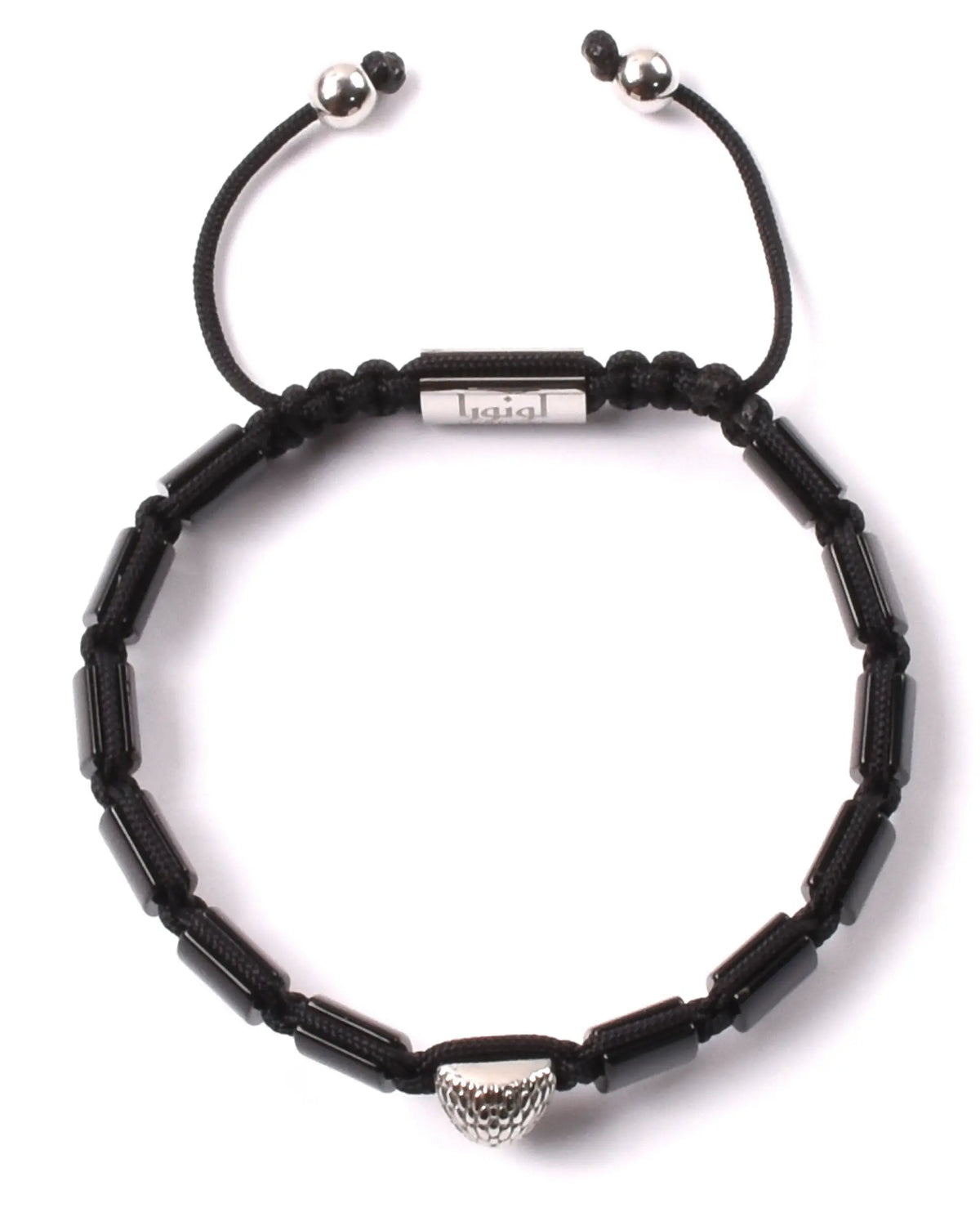 Black beaded bracelet with silver cord clasp and curved black bead links