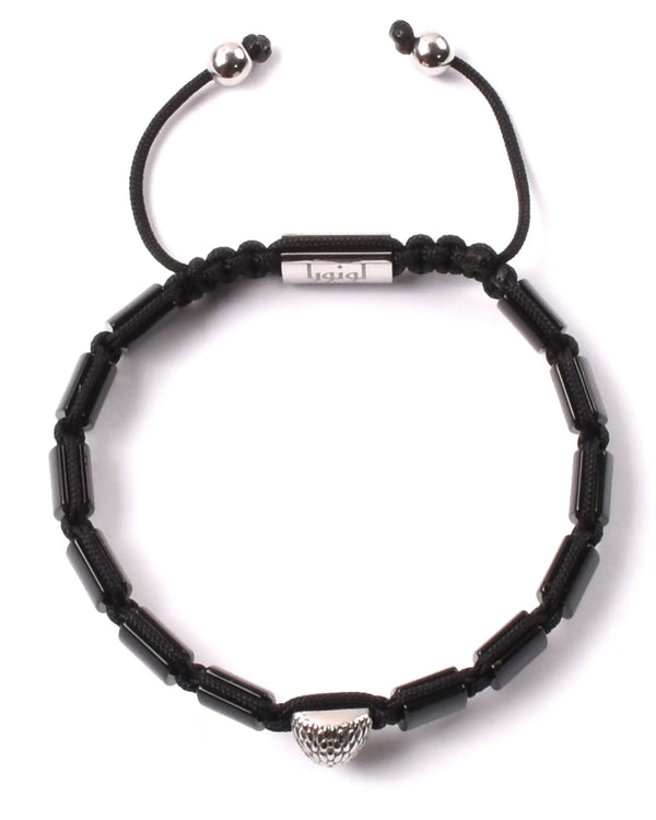 Black beaded bracelet with silver cord clasp and curved black bead links