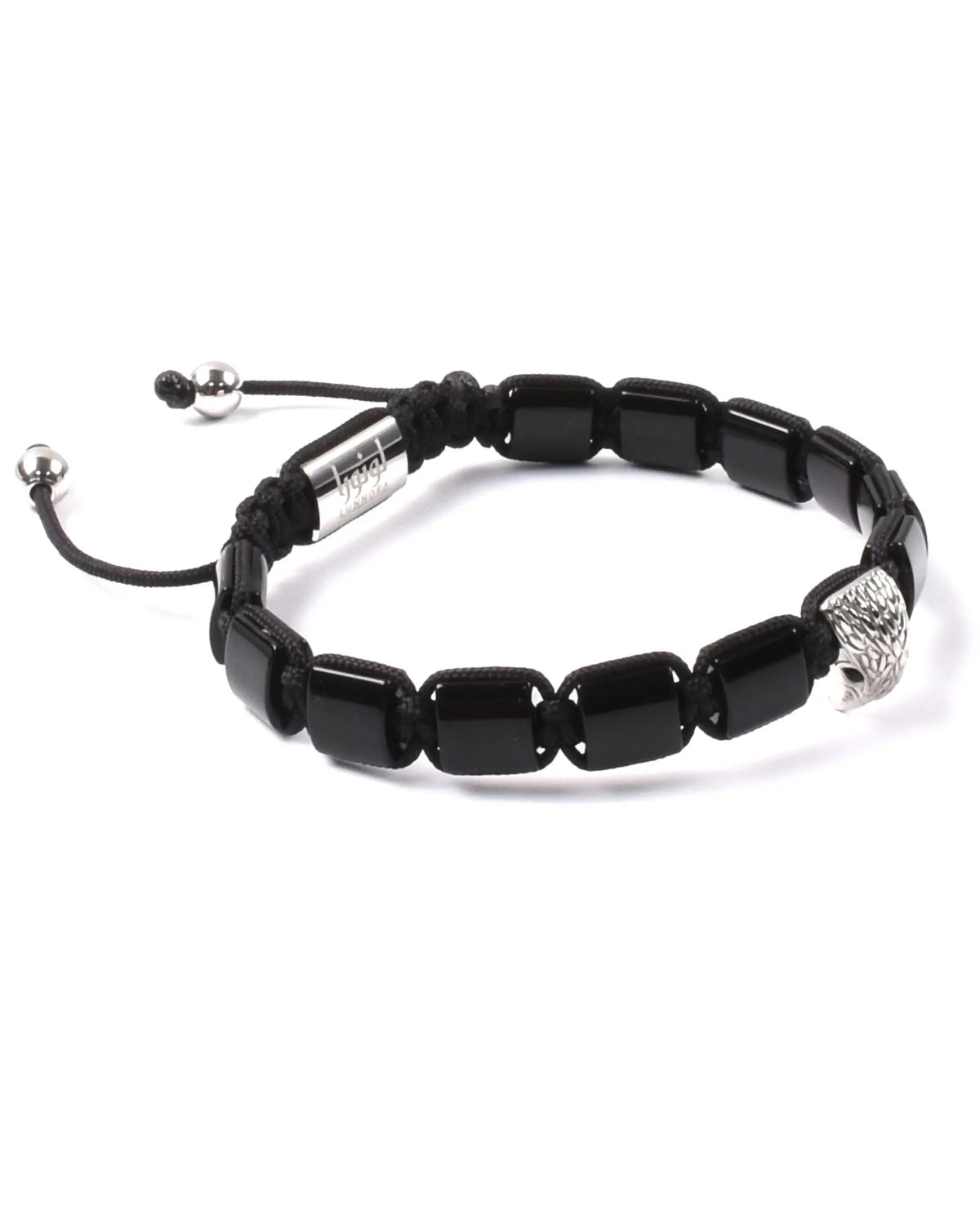 Black beaded bracelet with silver falcon charm centerpiece and black cord back