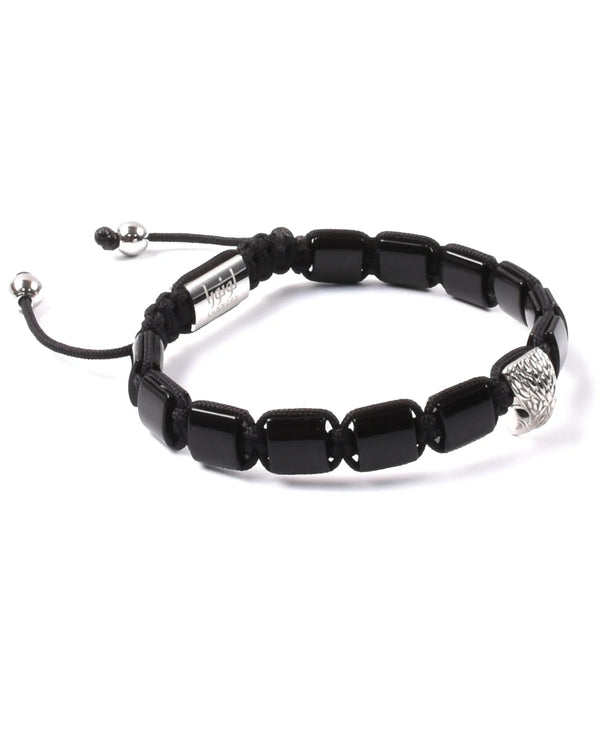 Black beaded bracelet with silver falcon charm centerpiece and black cord back