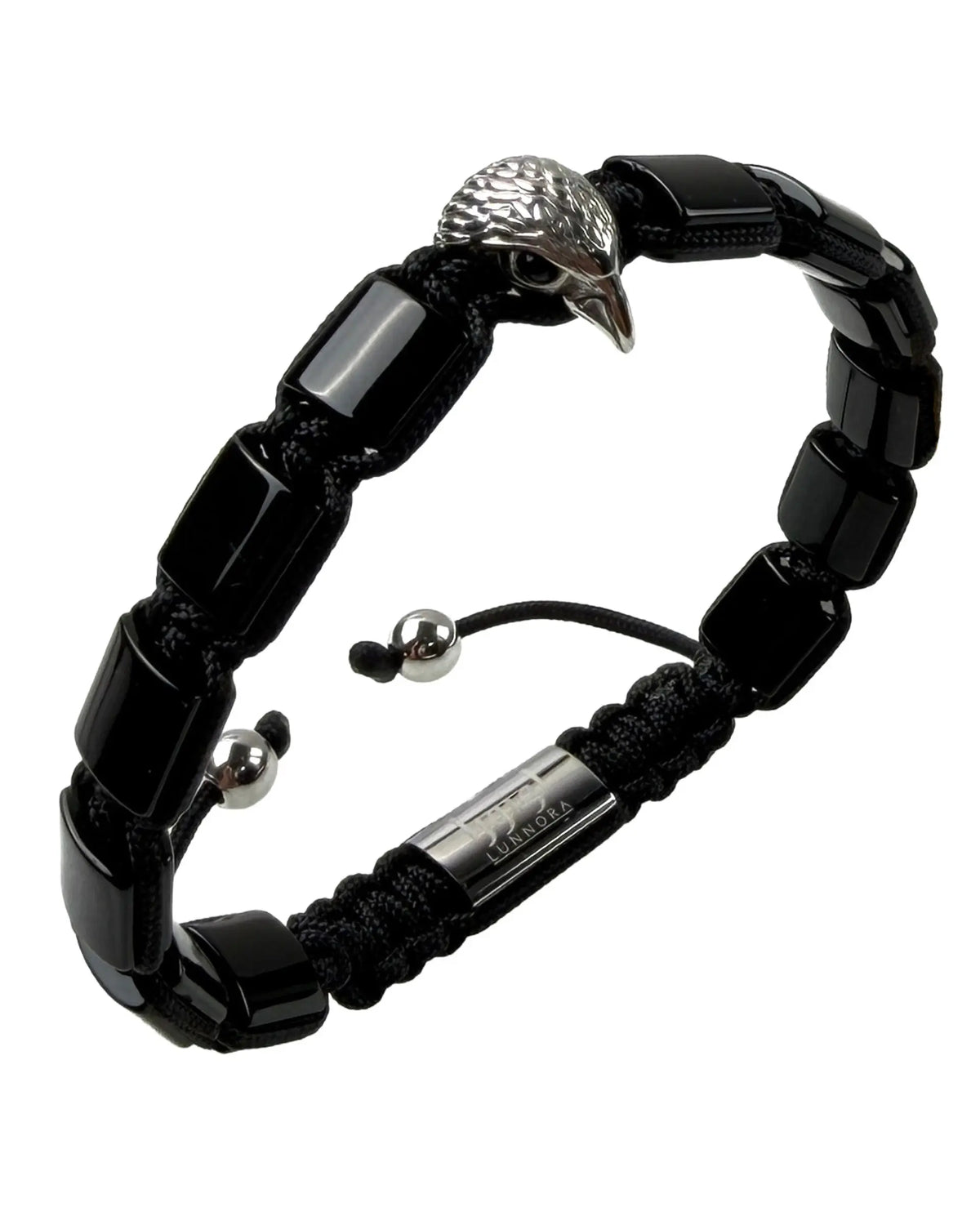 Black beaded bracelet with silver falcon head charm over black beads
