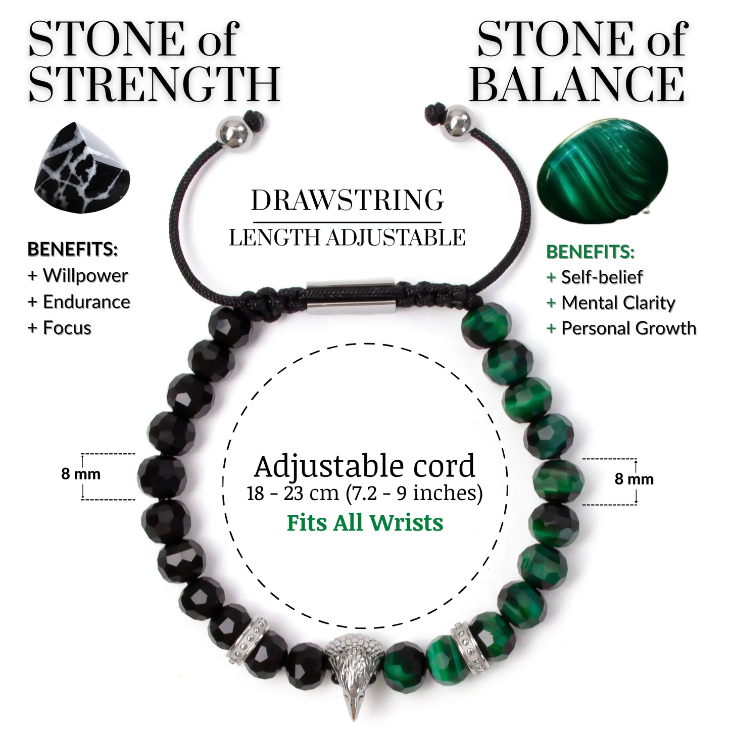 Men's GREEN TIGER EYE, ONYX Bracelet with ARABIAN FALCON Lunnora