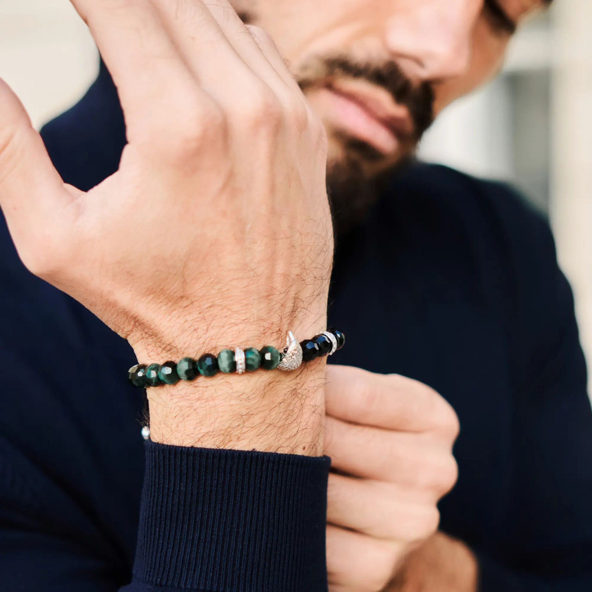 Men's GREEN TIGER EYE, ONYX Bracelet with ARABIAN FALCON Lunnora