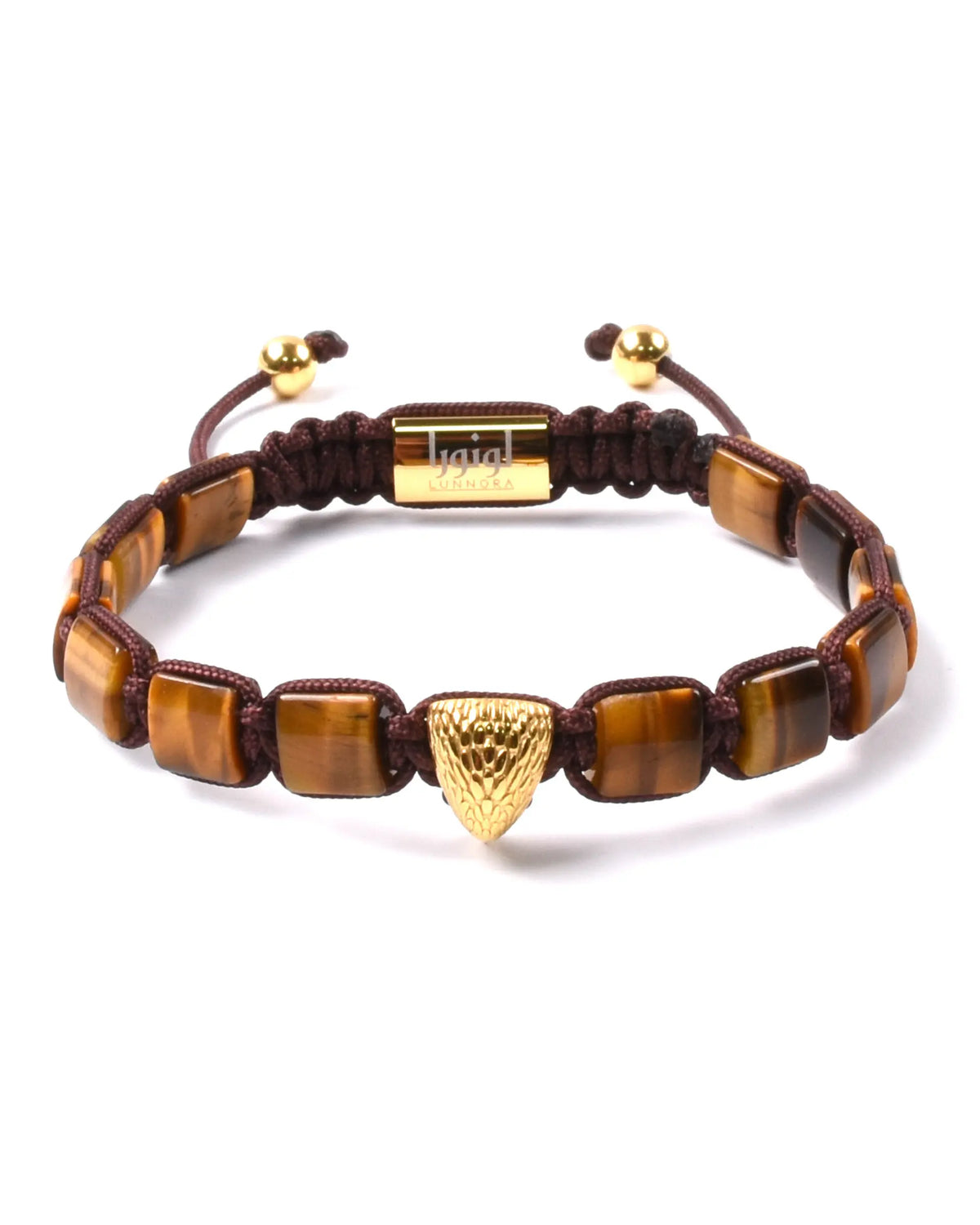 Brown stone bead bracelet with dark macrame cord, gold-tone engraved center plate