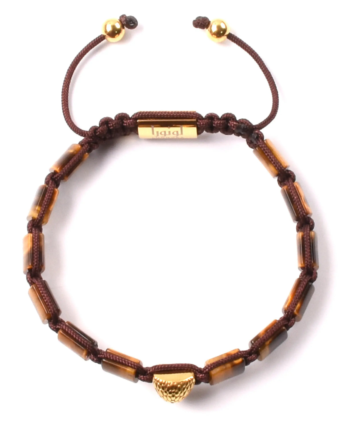 Brown and amber stone bead bracelet on dark braided cord with gold charm ends