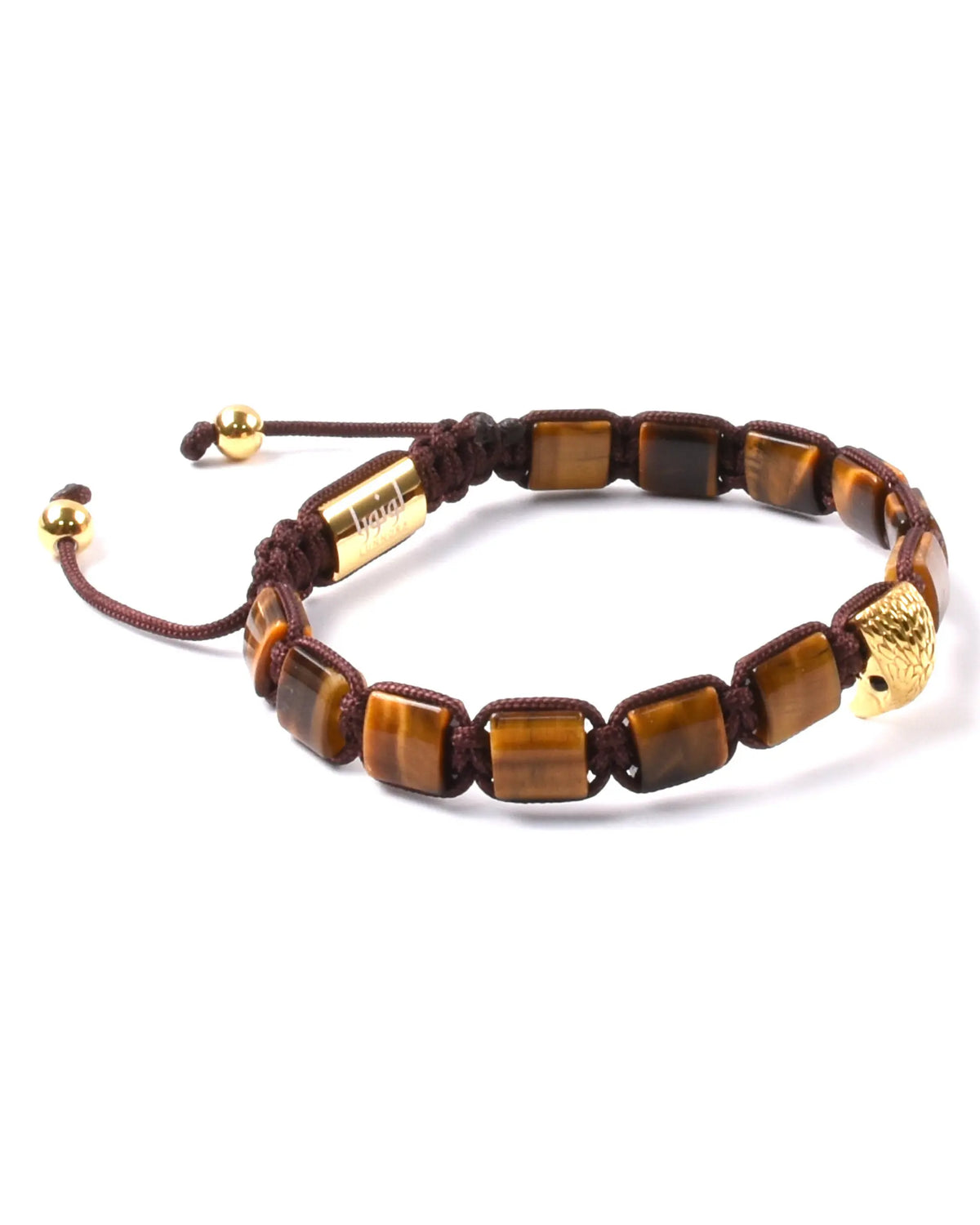 Brown stone bead bracelet with dark cord and gold-tone accents, braided design