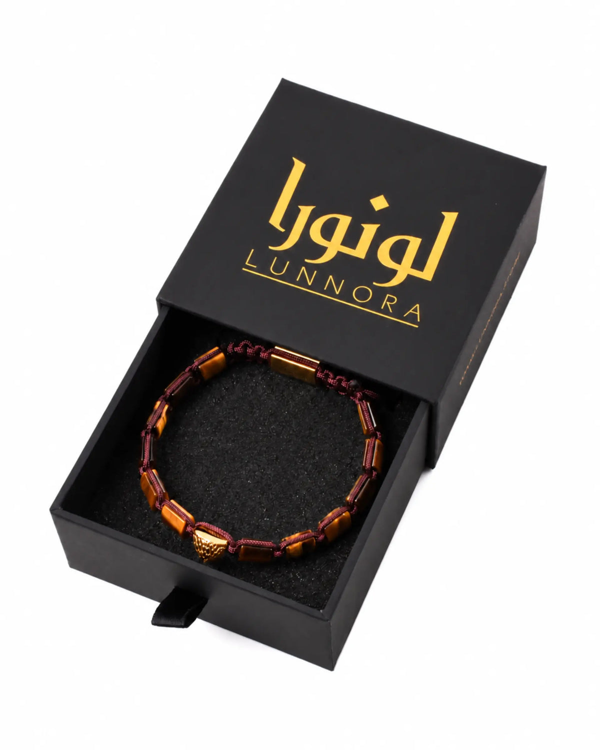 Tiger eye style bead bracelet in black gift box with gold logo