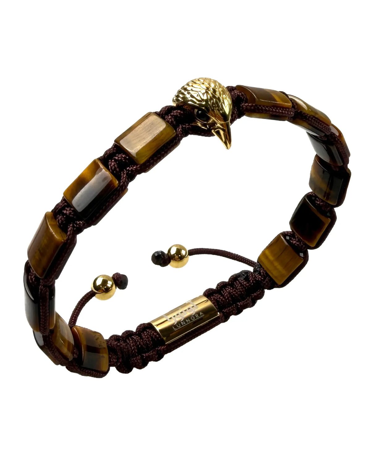 Close-up of brown striped stone bead bracelet with gold bird-shaped charm الصورة الرئيسية