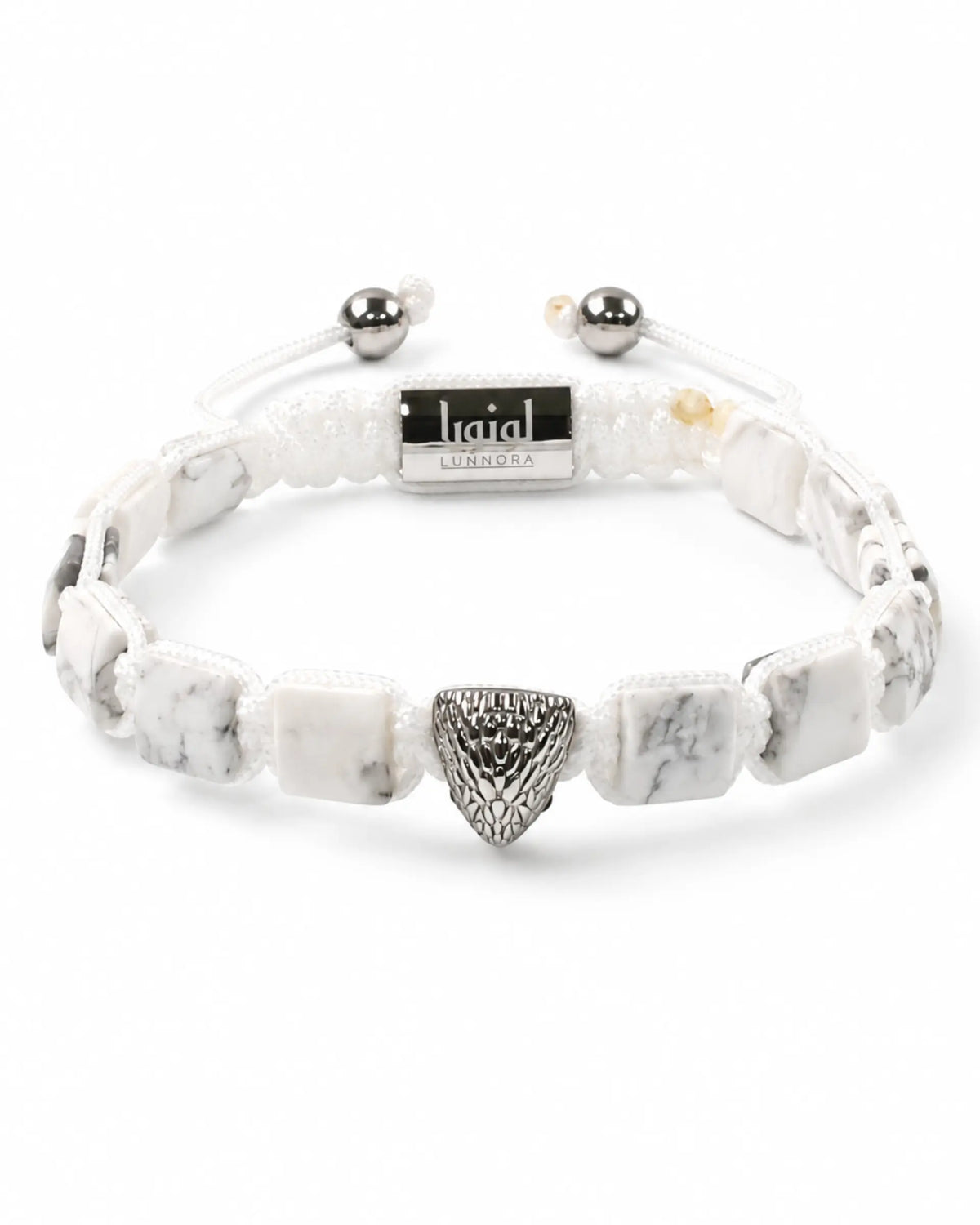 White howlite beaded bracelet with silver eagle-style charm and adjustable cord
