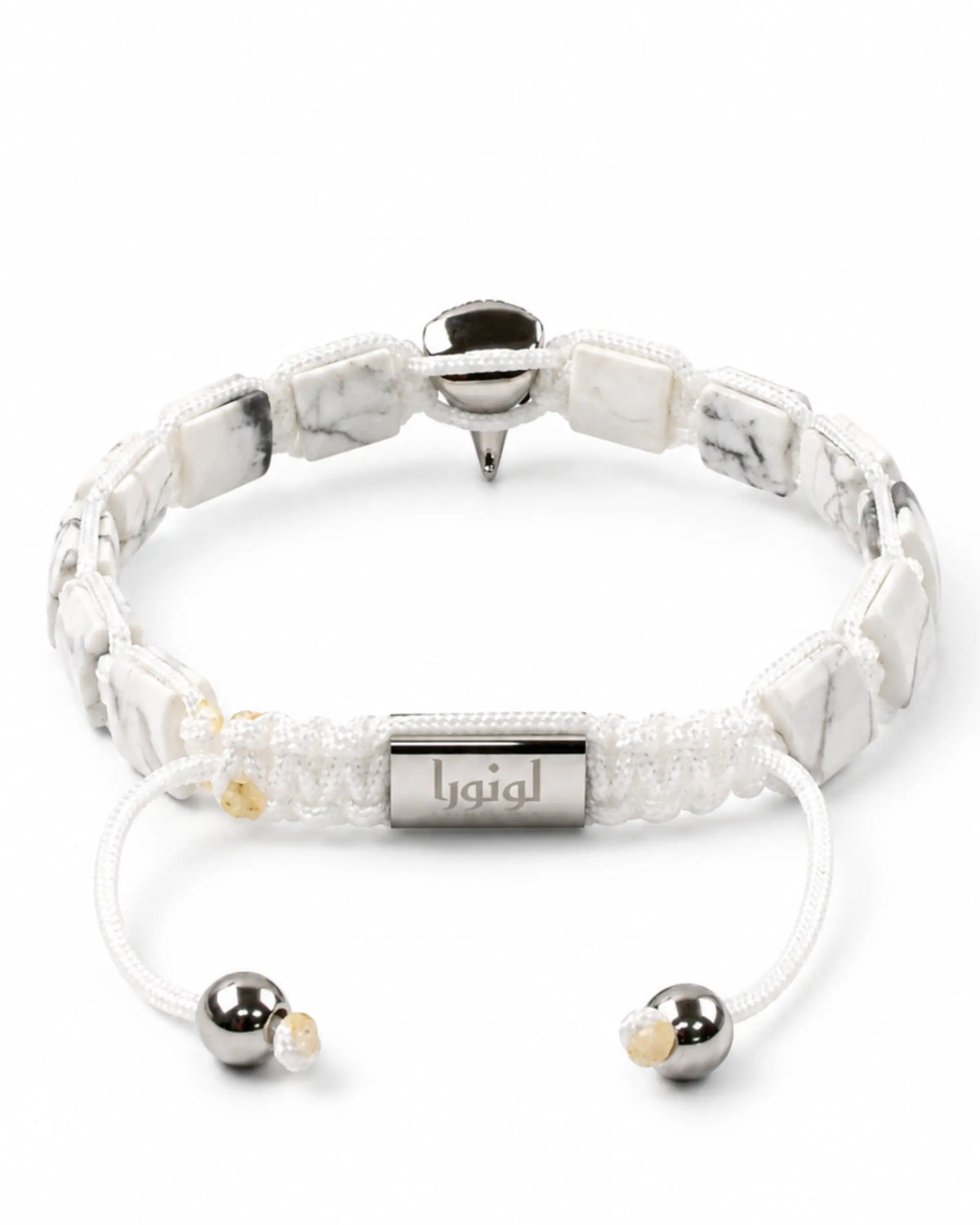 White howlite bracelet with silver end caps, engraved bar, and braided white cord