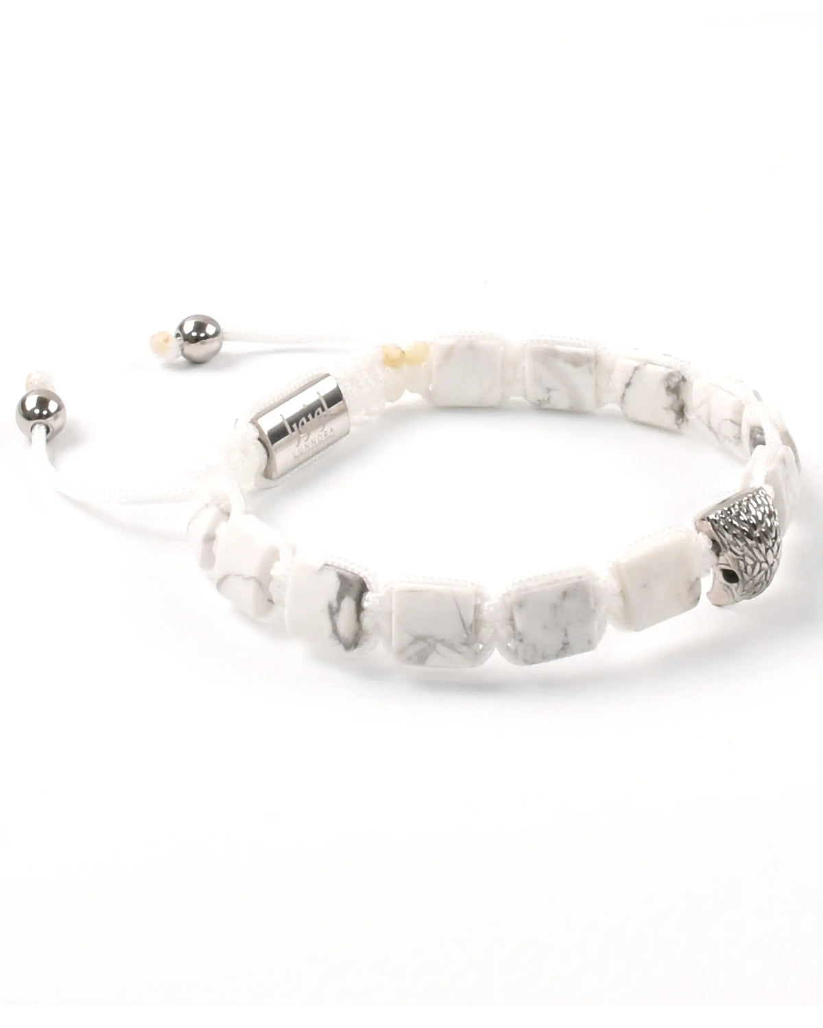 White howlite beaded bracelet with silver accents and central engraved metal bar