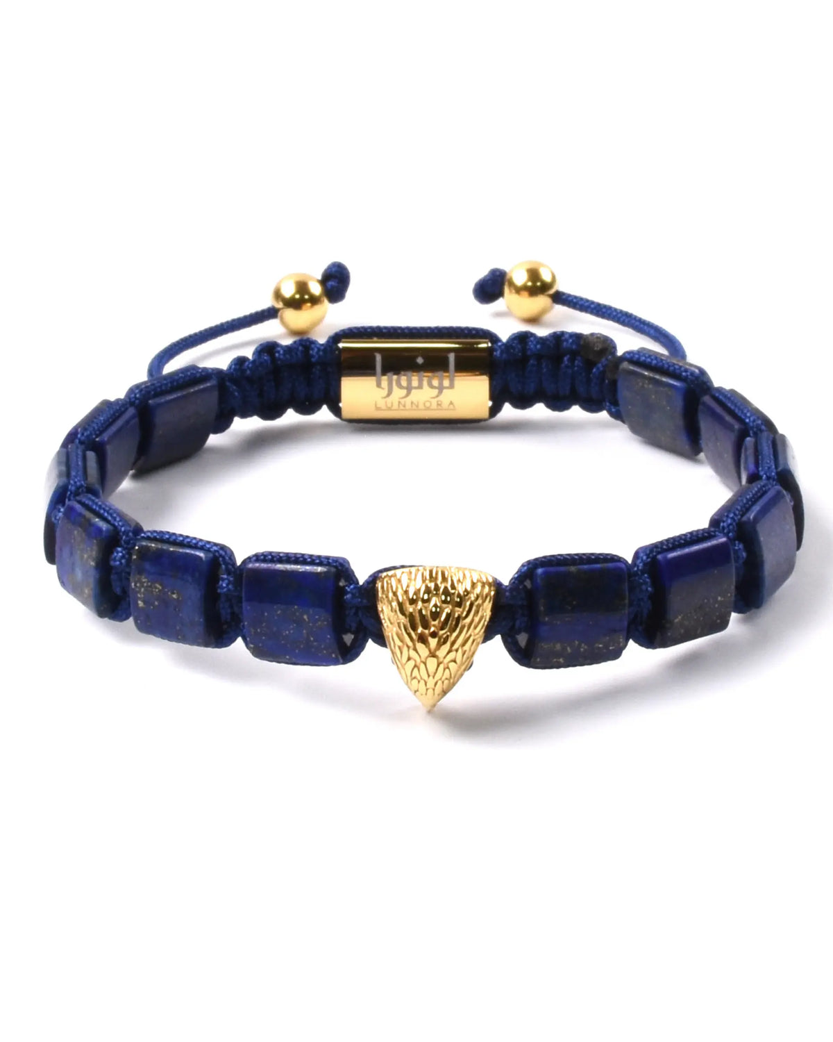 Lapis lazuli beaded bracelet with gold falcon-head charm and center bar tag