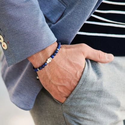 Men’s blue lapis lazuli beaded bracelet with silver accents by GT Collection