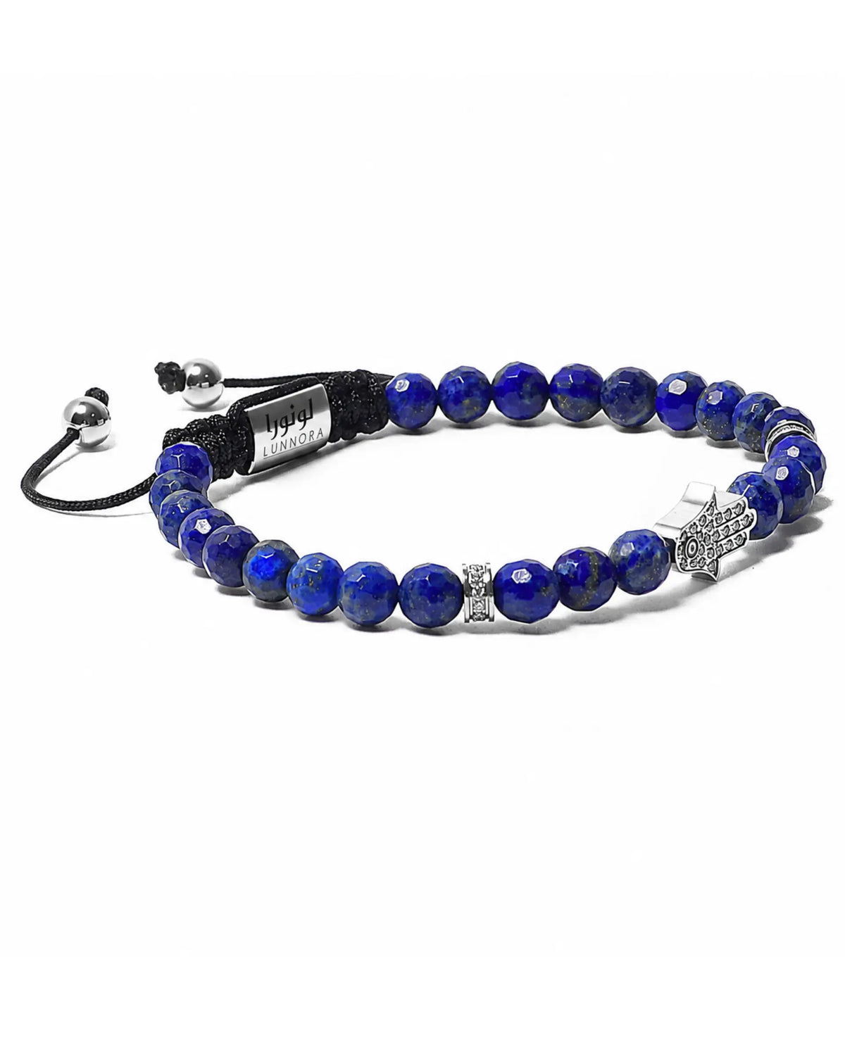 Blue lapis lazuli beaded bracelet with silver hamsa charm and black adjuster cord