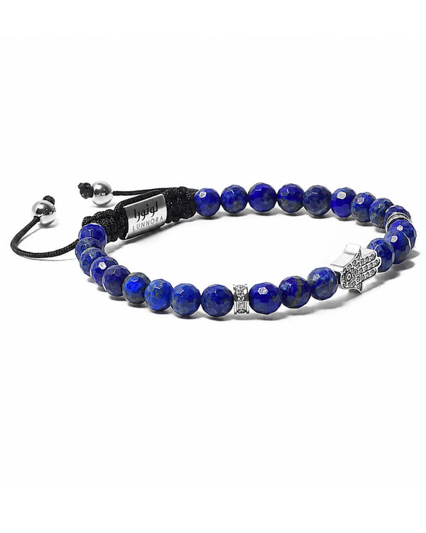 Blue lapis lazuli beaded bracelet with silver hamsa charm and black adjuster cord