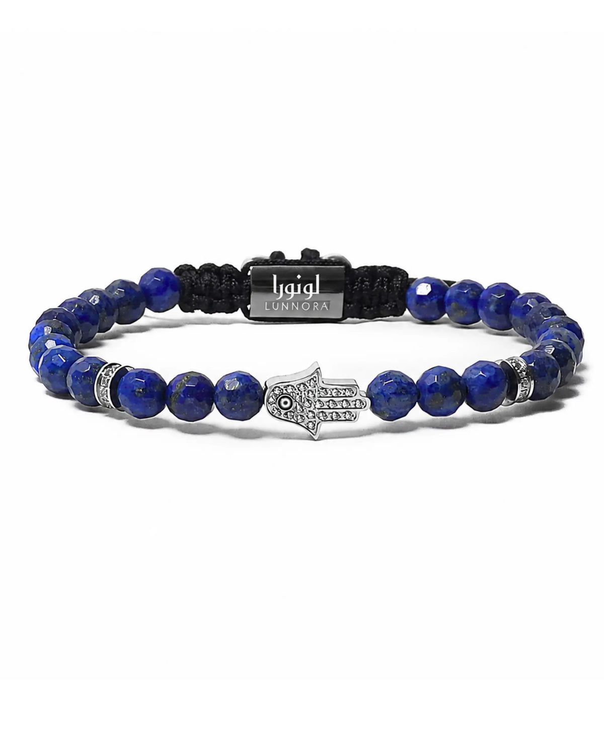 Blue lapis lazuli bead bracelet with silver hamsa charm and black clasp tag الصورة الرئيسية