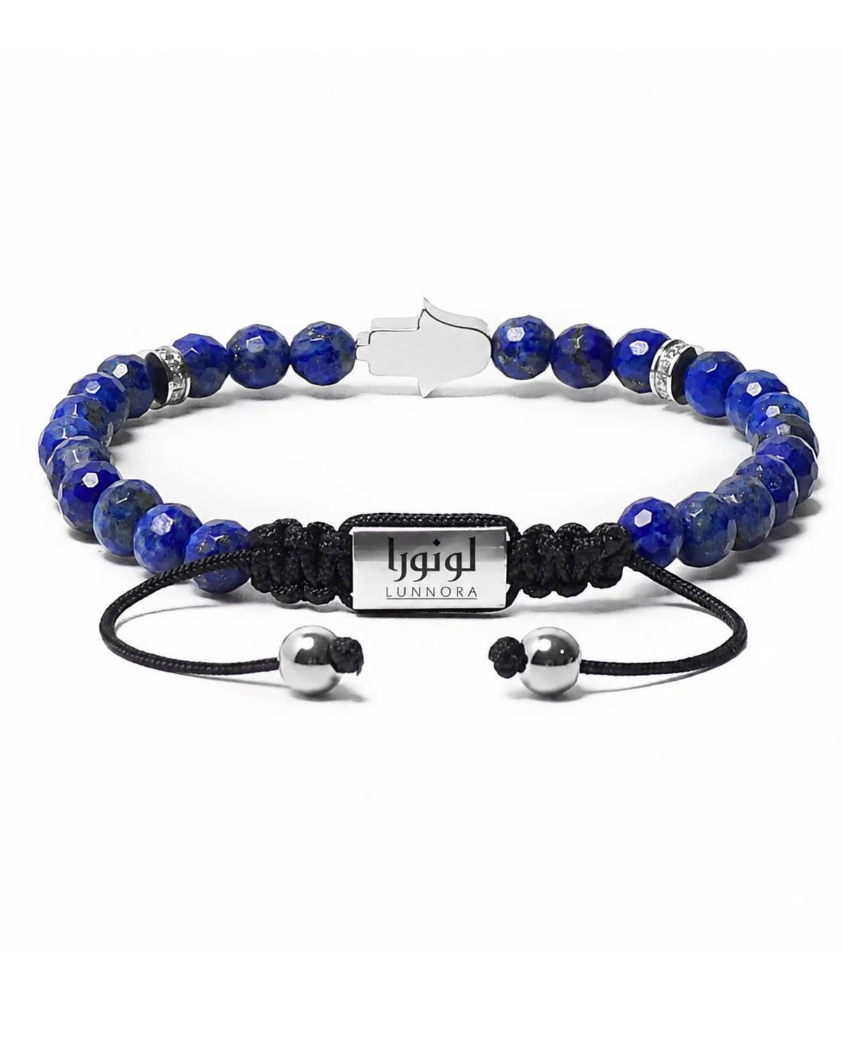 Blue lapis lazuli bead bracelet with silver hamsa charm and black pull-cord adjuster