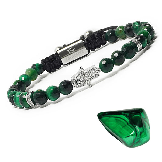 Men’s Green Malachite Beaded Bracelet with Silver Hamsa Charm – Lunnora Jewelry