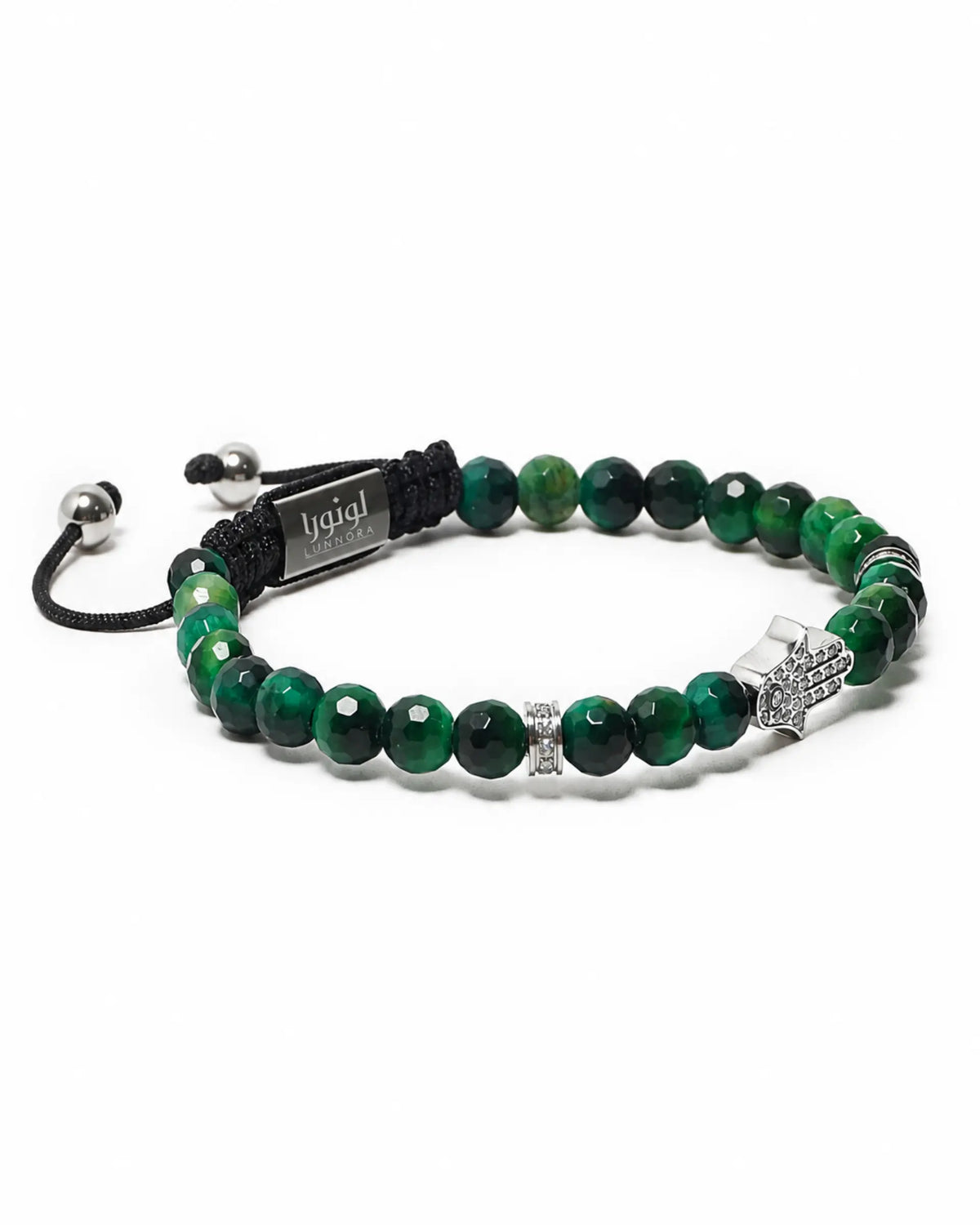 Green beaded bracelet with black cord and small silver centerpiece clasp