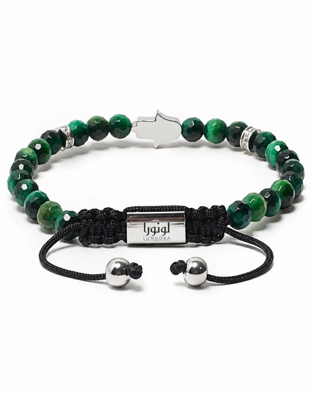 Green beaded bracelet with black cord strap and silver metal center plate