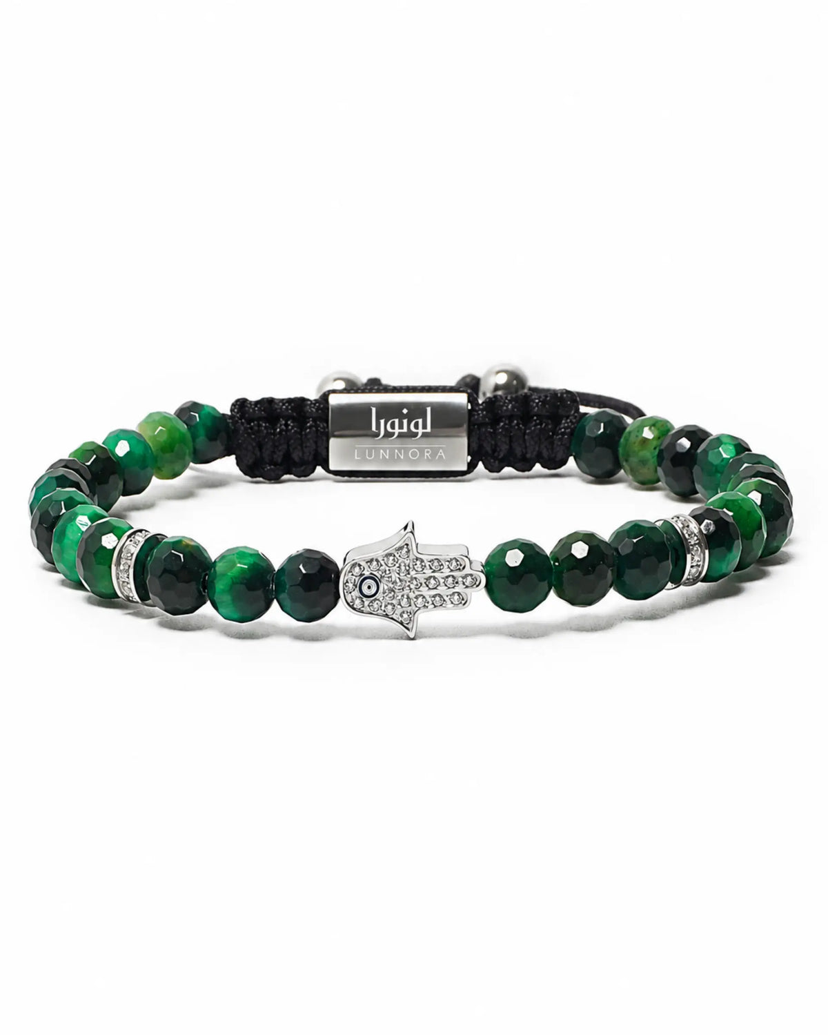 Green beaded bracelet with black cord, silver hamsa charm, and metal center plate الصورة الرئيسية
