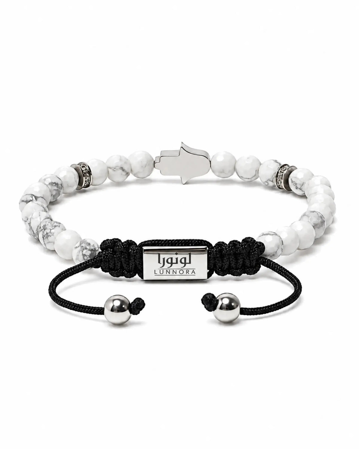 Howlite bead bracelet with black cord, silver hamsa charm and Arabic tag