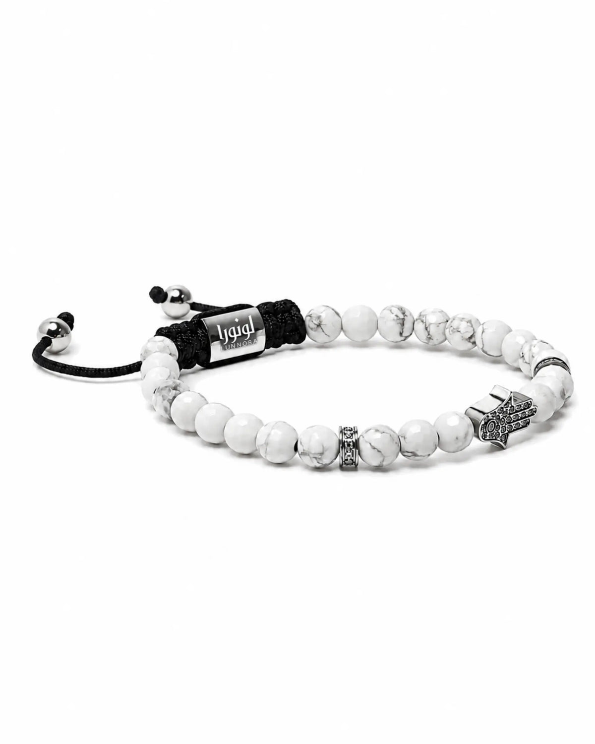 Two howlite bead bracelets, black cord and hamsa hand charm with silver-toned beads