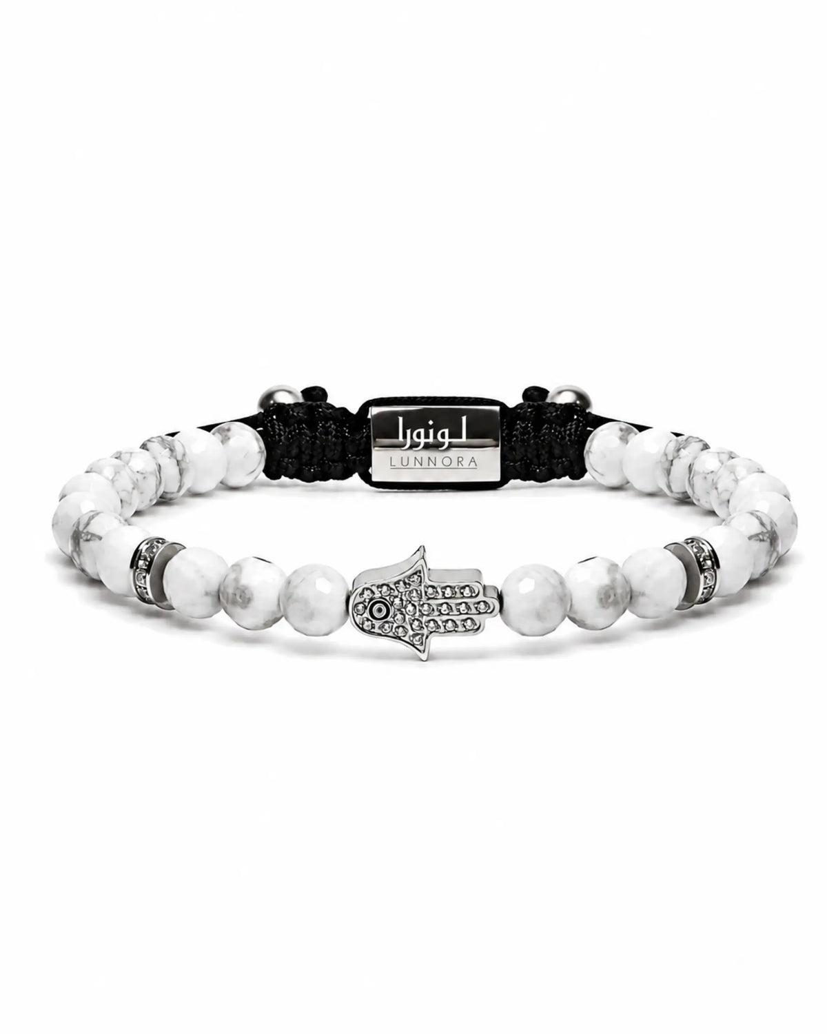 Howlite bead bracelet set with hamsa hand centerpiece and black leather strap Main image