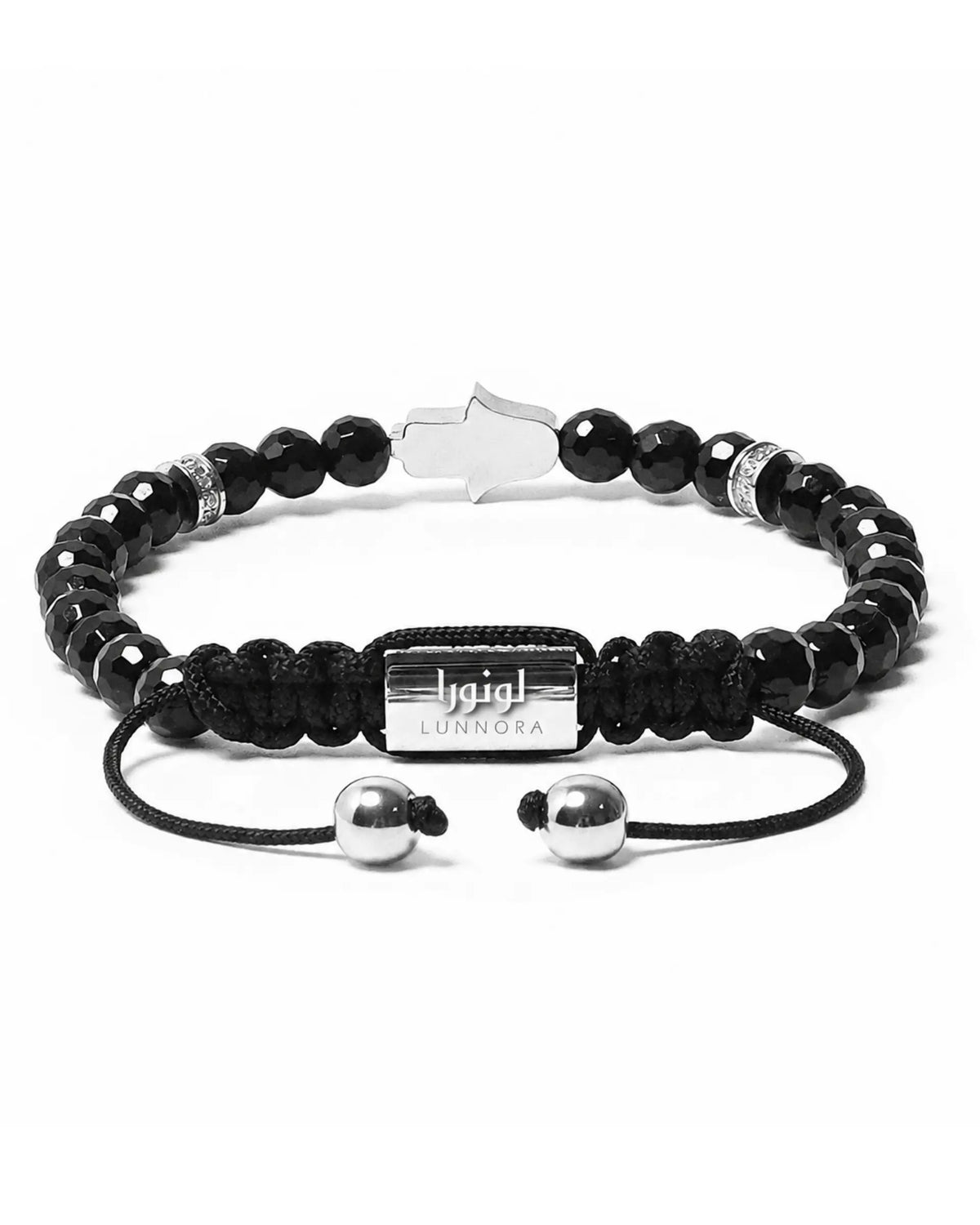 Black bead bracelet with silver end caps, engraved center tag, and dangling cord adjusters