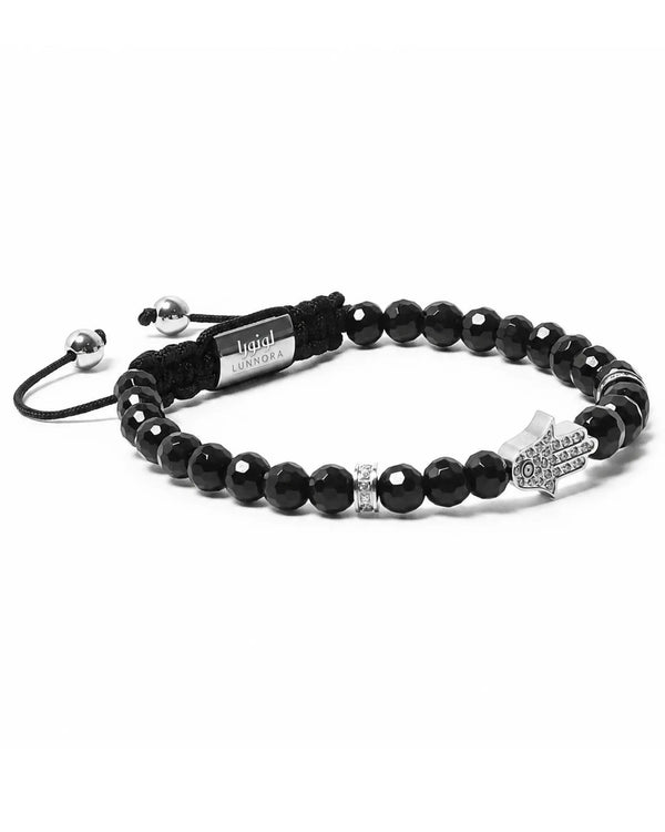 Black bead bracelet with silver Hamsa charm, adjustable cords, and engraved tag