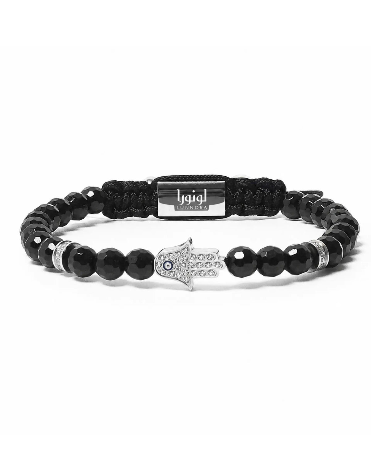Black bead bracelet with silver Hamsa centerpiece and black fabric clasp, adjustable Main image