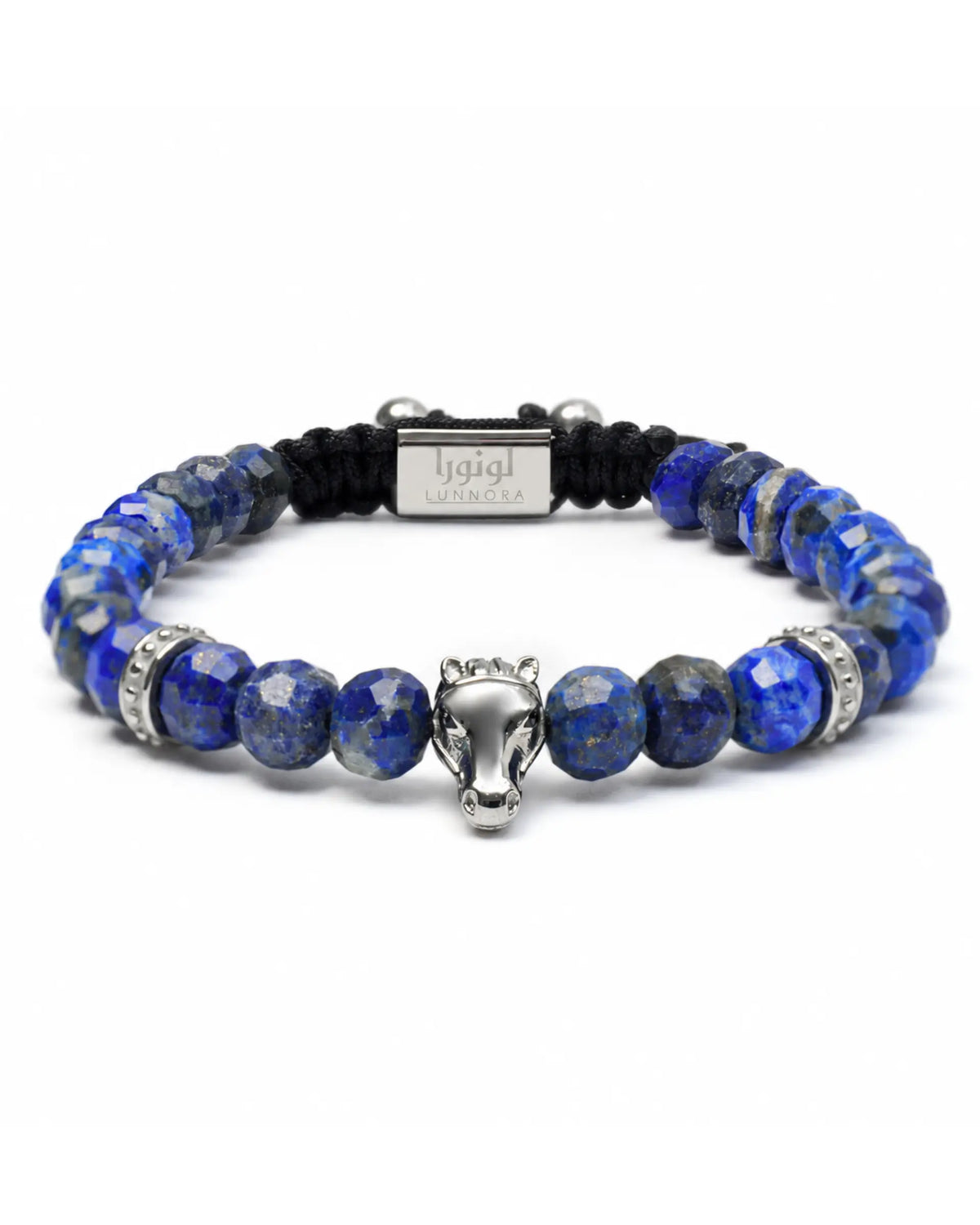 Lapis lazuli bead bracelet with silver tone horse clasp and black adjustable cord الصورة الرئيسية