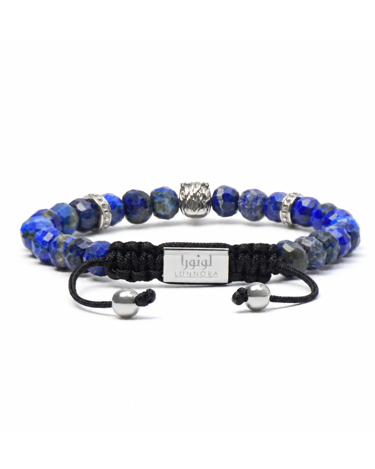 Lapis lazuli bead bracelet with silver tone horse charm and black cord ends