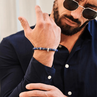 Men’s blue  gemstone beaded bracelet with silver hors head charm by GT Collection