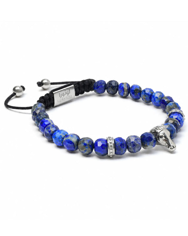 Lapis lazuli bead bracelet with silver spacer beads and horse charm on black cord