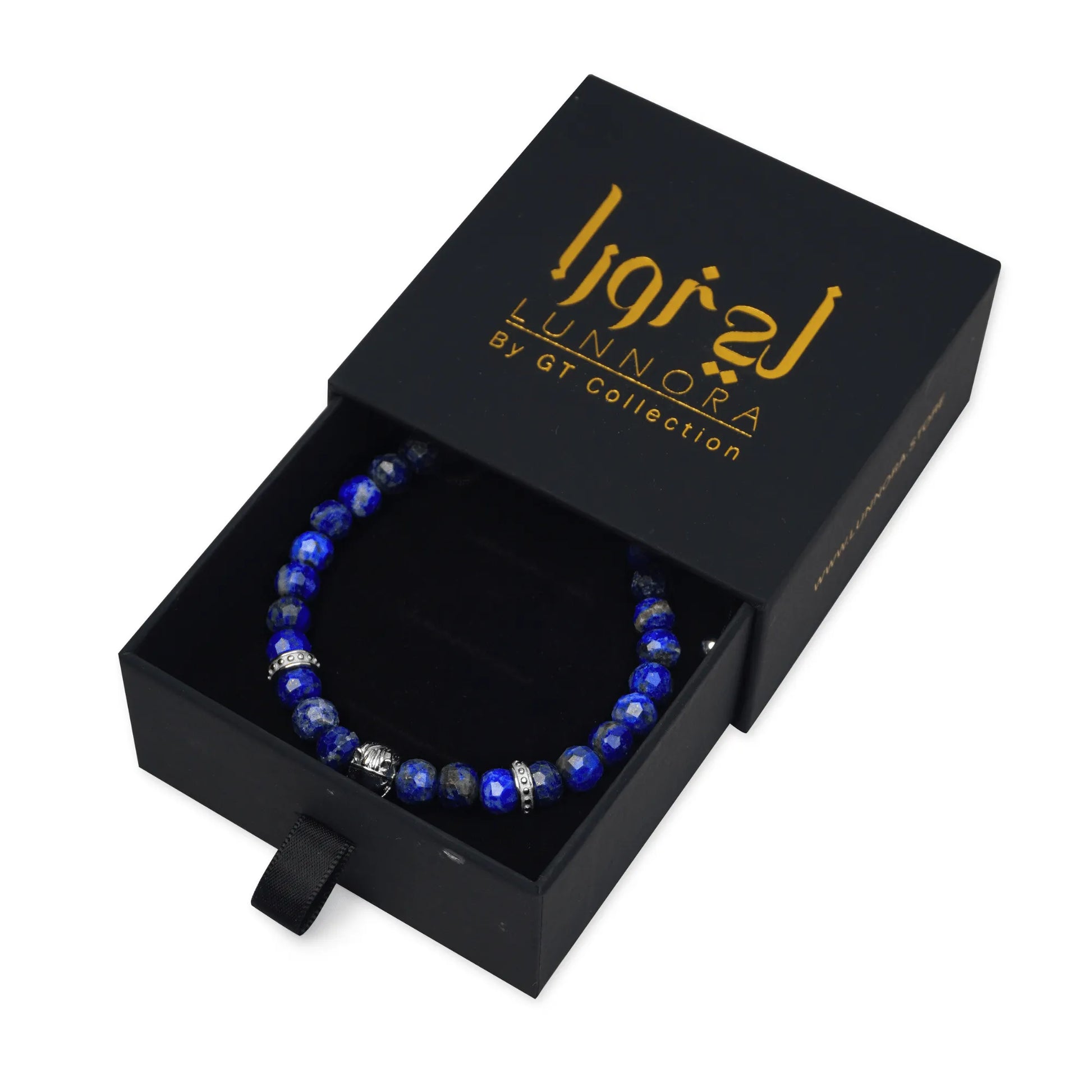 Men’s blue lapis lazuli beaded bracelet with silver accents by GT Collection