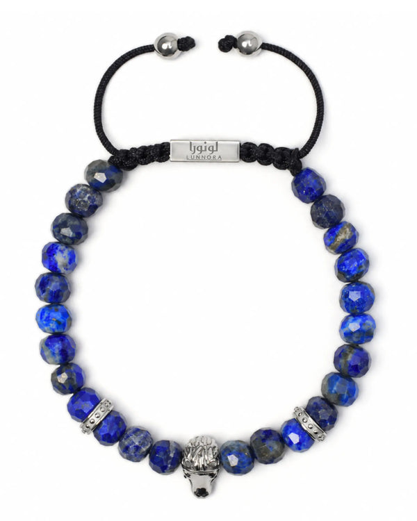 Lapis lazuli bead bracelet with silver horse head charm, black cord, and sliding clasp