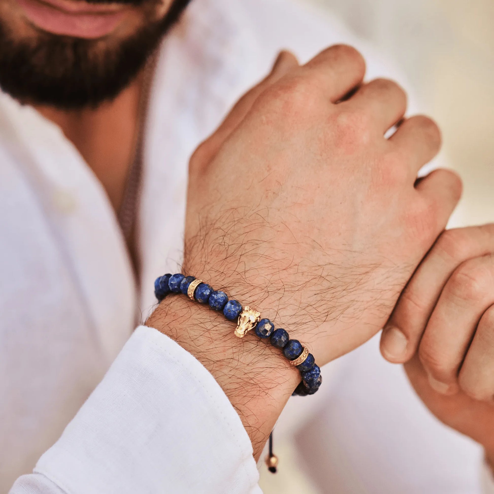 Men’s blue lapis lazuli beaded bracelet with silver accents by GT Collection