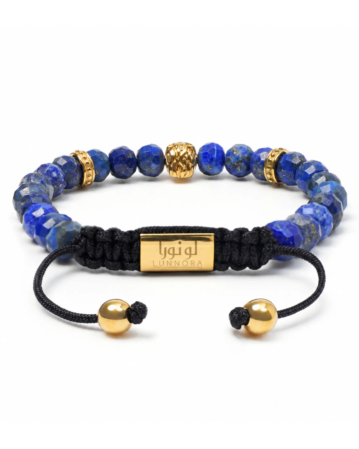 Lapis lazuli bead bracelet with black macrame center tag and gold-tone accents