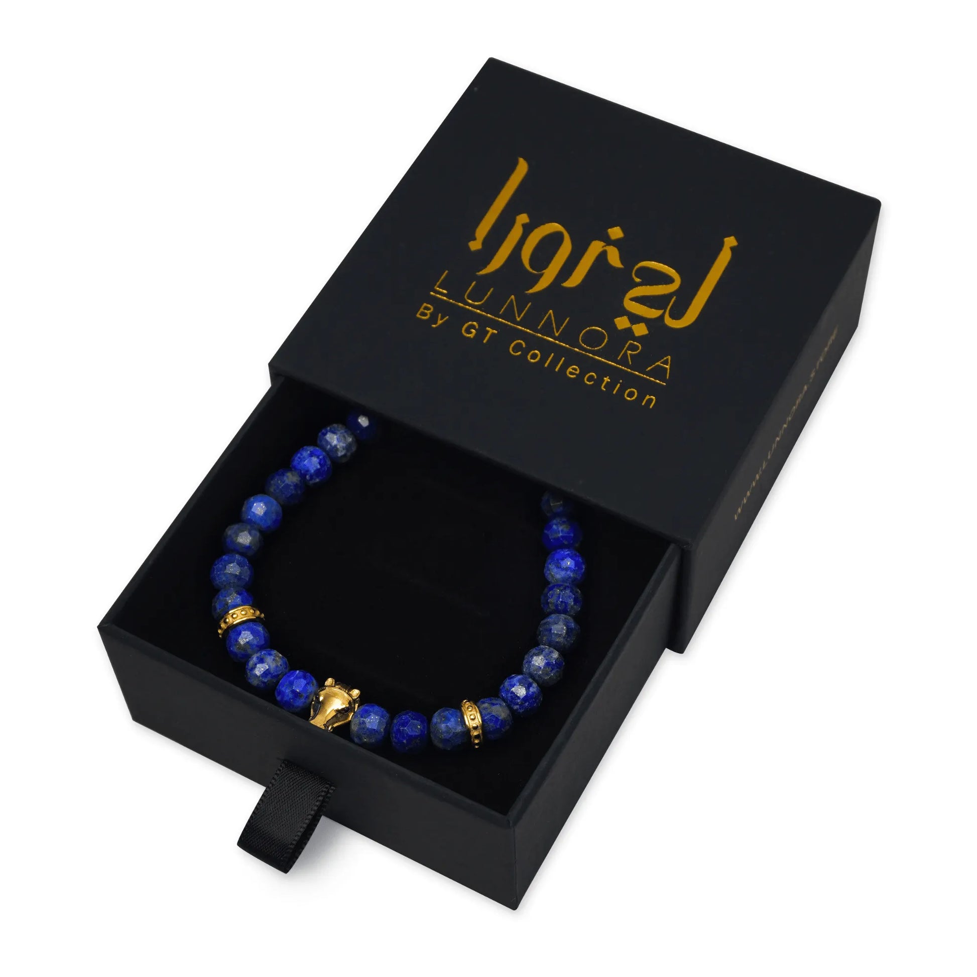 Men’s blue lapis lazuli beaded bracelet with gold accents by GT Collection