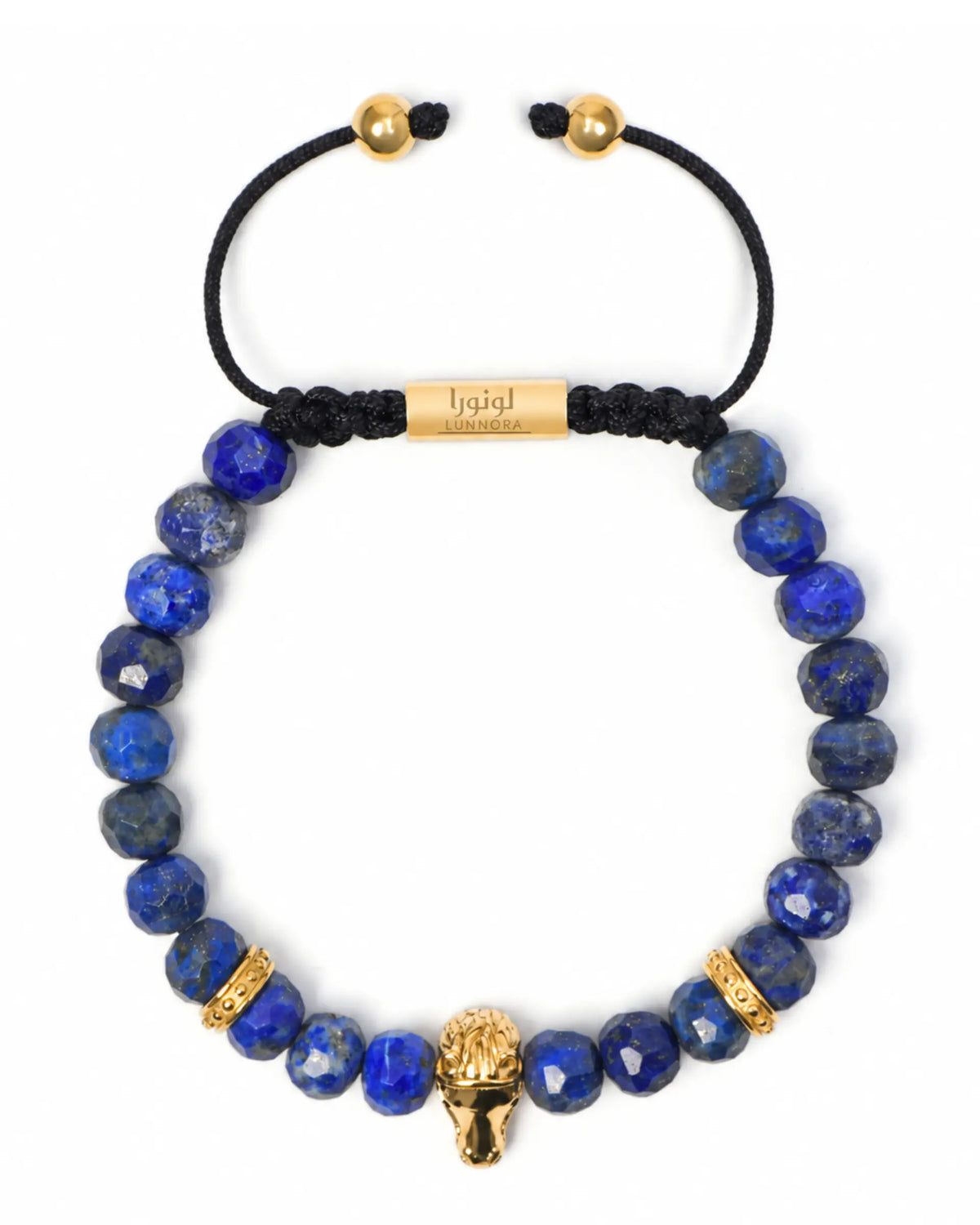 Black cord lapis lazuli bracelet with gold-tone beads and small horse charm