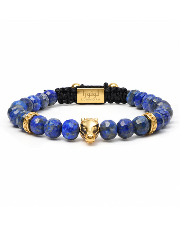 Gold-tone horse charm lapis lazuli bead bracelet with black cord clasp