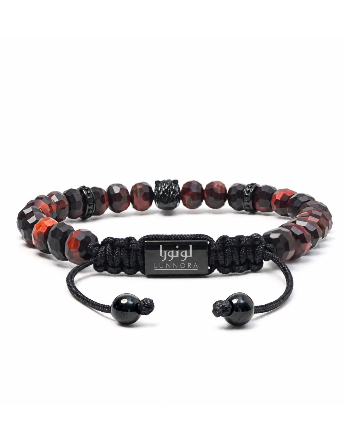 Red tiger eye beaded bracelet with black cord and adjustable sliding closure