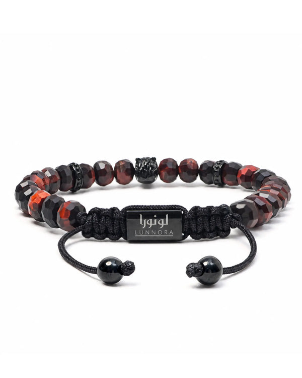Red tiger eye beaded bracelet with black cord and adjustable sliding closure